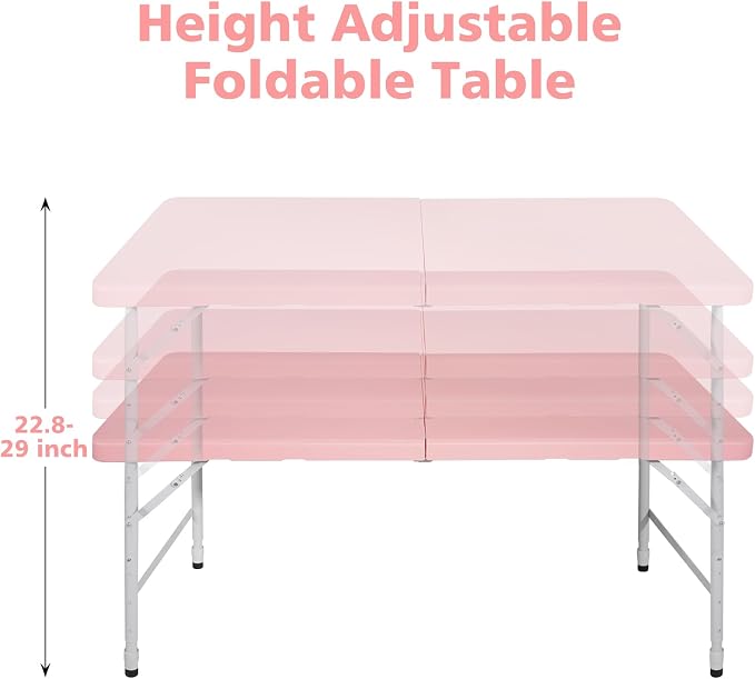 Anwick 4 Foot Folding Table Portable Fold-in-Half Plastic Picnic Table w/Handle and Steel Legs for Indoor, Outdoor, Camping, Party, Garden (Pink, 4ft)