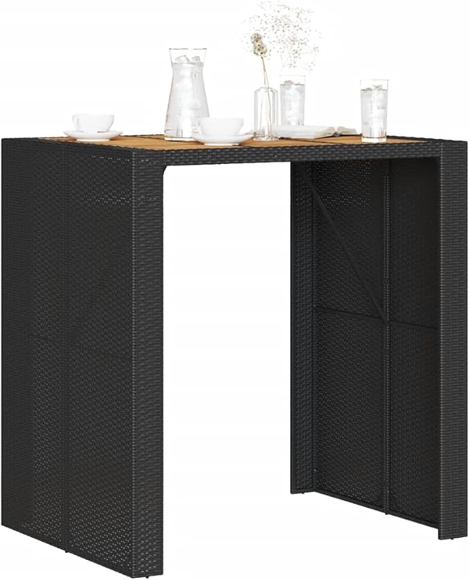 Outdoor Bar Table Black Poly Rattan with Acacia Wood Top, Large Rectangular Patio Furniture for Garden Balcony Terrace, 31.5x41.3x43.3 Inch Steel Frame