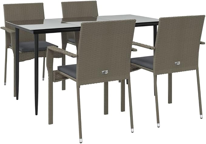 5 Piece Patio Dining Set with Cushions Black and Gray Poly Rattan Outdoor Garden Table and Chairs Weather Resistant Tempered Glass Top Comfortable Seating for Backyard Deck Porch