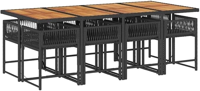 Afuera Living 9-Piece Poly Rattan Garden Dining Set with Cushions, Black and Brown Finish, Weather-Resistant, Foldable Chairs, Acacia Wood Table, Spacious Seating for 8, Outdoor Patio or Backyard Use
