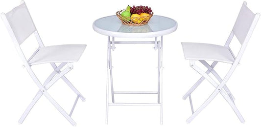 3 PCS Folding Bistro Table Chairs Set Garden Backyard Patio Furniture White Loveseat Coffee Table
