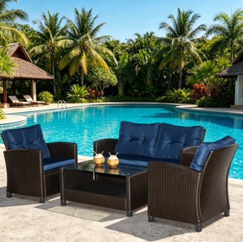 4 Piece PE Rattan Wicker Patio Furniture Set with Cushions, Blue | Two-Tier Coffee Table, Conversation Chairs, Brown Wicker Frame, Poolside & Deck Use, Glass Tabletop