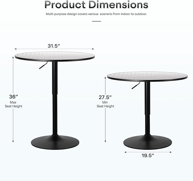 Athena Collection Bar Table Modern Round Cocktail Table Height Adjustable, Tall Bistro Pub Table with Sturdy Base, Suitable for Home, Kitchen, Pub, Restaurant, Silver