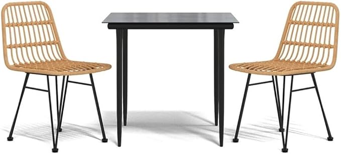 Afuera Living 3-Piece Patio Dining Set, Polyethylene Rattan & Steel, Black Finish, Includes Rectangular Tempered Glass Table and 2 Chairs, Weather-Resistant Outdoor Furniture for Garden or Balcony