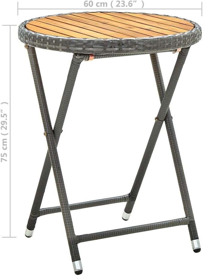 Gray 23.6" Poly Rattan and Solid Acacia Wood Folding Tea Table for Garden Patio, 4-Piece Outdoor Furniture Set with Powder-Coated Steel Frame and UV Protection