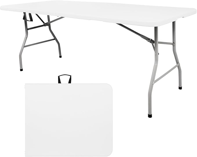 6FT Plastic Folding Table - Portable Picnic Table for Camping, Party, Wedding & Picnic - Outdoor Folding Table with Lock and Handle