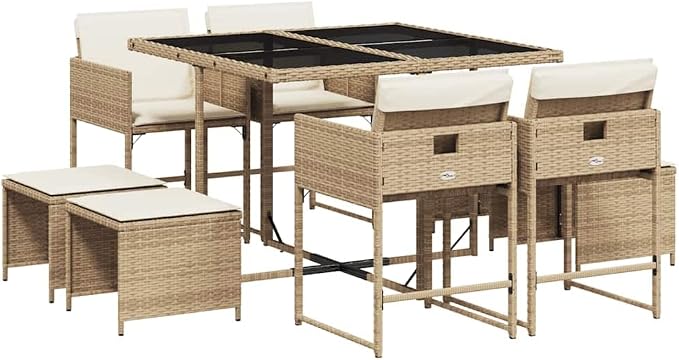 9-Piece Outdoor Garden Dining Set, Patio Table with 8 Chairs and Stools, Synthetic Poly Rattan Furniture with Cushions, Weather-Resistant Beige Dining Suite for Backyard and Terrace