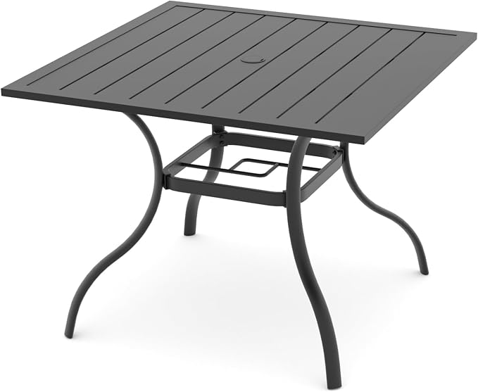 35" Square Metal Patio Dining Table with Slat Top and Umbrella Hole - Black | 35 inch Square Table, Slat Table Top, Black, Metal Top and Frame, 1.57 inch Umbrella Hole, 4 Person Use