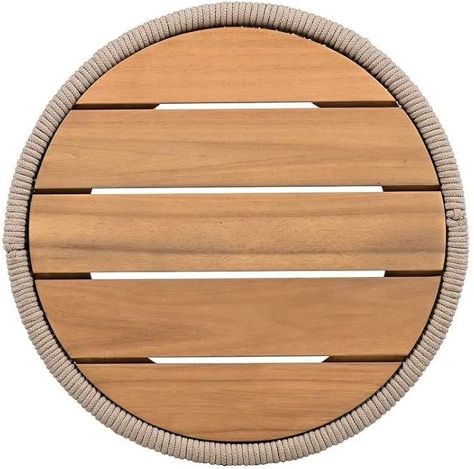 Outdoor Patio Side Table, Hand-Woven Rattan Rope End Table, Compact Outdoor Acacia Wood Round Coffee Table for Porch, Yard, Balcony, Garden,Beige