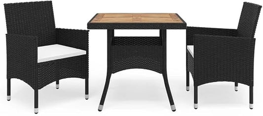 Afuera Living 3-Piece Synthetic Poly Rattan Patio Dining Set, Black and Brown Finish, Weather-Resistant Acacia Wood, Cushioned Seats, Contemporary Design, 31.5 x 31.5 x 29.5 in, Garden or Terrace Use