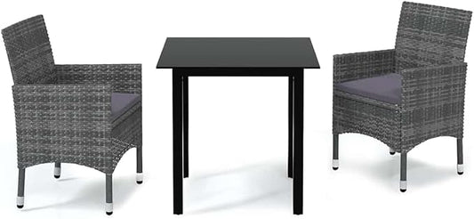 3 Piece Patio Dining Set, Grey PE Rattan Outdoor Bistro Set with Square Glass Top Table and 2 Cushioned Chairs for Garden, Balcony, Backyard and Terrace, Space Saving