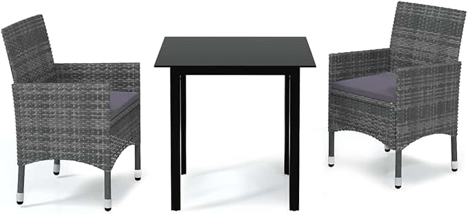 3 Piece Patio Dining Set with Cushions, Outdoor Wicker Rattan Dining Table and Chairs for 2, Gray PE Wicker and Dark Gray Cushions, Glass Top Aluminum Frame Table, Weather-Resistant Garden Furniture