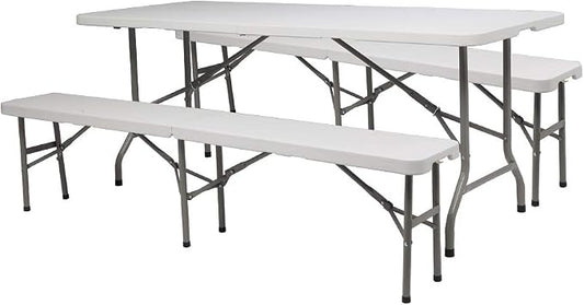 VINGLI 6 FT 3-Piece Portable Picnic Table Bench Set, Weather-Resistant Plastic Folding Camping Beer Table w/Carrying Handles, for Family Garden Patio Outdoor Activities Use, at Home and Commercial