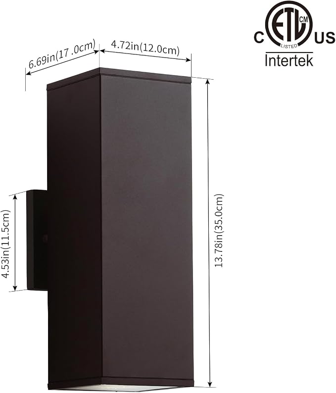 mirrea 14" Modern Outdoor Porch Light, 2 Lights, Oil Rubbed Bronze, 2 Pack | Patio wall sconce, aluminum rectangular tube, tempered glass, waterproof. Up & down lighting for outdoor wall mount fixture.