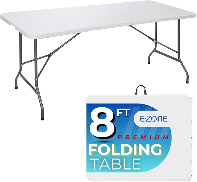 Ezone 8ft Indoor Outdoor Heavy Duty Portable Folding Plastic Dining Table w/Handle, Lock for Picnic, Party, Camping - White (8 Ft)