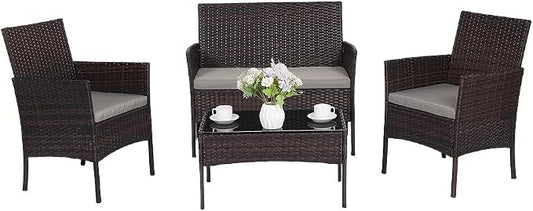 Patio Furniture Set, Outdoor Furniture Set 4 Pieces Patio Conversation Set PE Rattan Chair with Cushion Tempered Glass Table Garden Balcony Sets for Yard Pool Backyard Brown/Grey