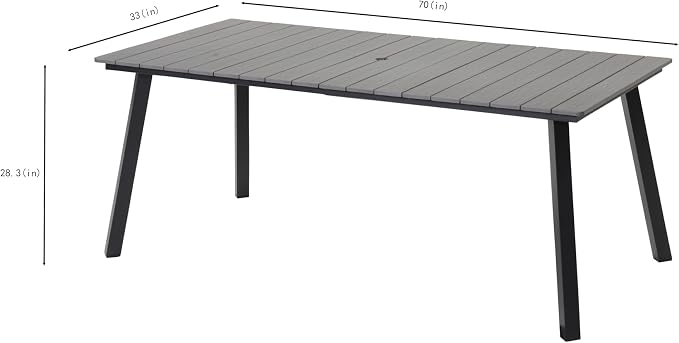 JOSHEN 70" Steel Elegant and Stylish Kitchen Dining Table, Simple and Practical Dining Table, Mid-Century Style Outdoors Coffee Tables with Umbrella Hole for Patio, Garden, Poolside, Grey