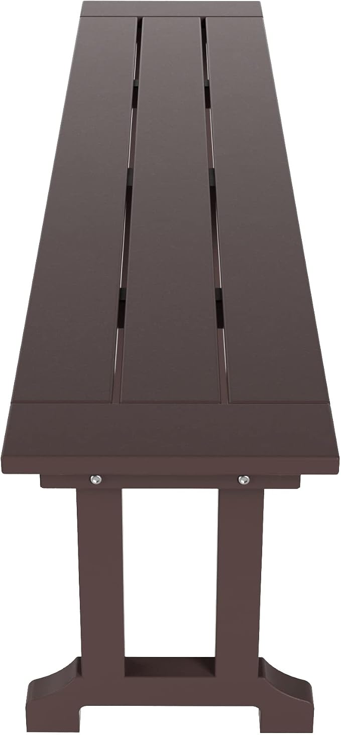 WestinTrends Malibu 6 Piece Adirondack Patio Dining Set with Bench, All Weather Poly Lumber Outdoor Table and Chairs, 71" Trestle Dining Table, 4 Adirondack Chair with Dining Bench, Dark Brown