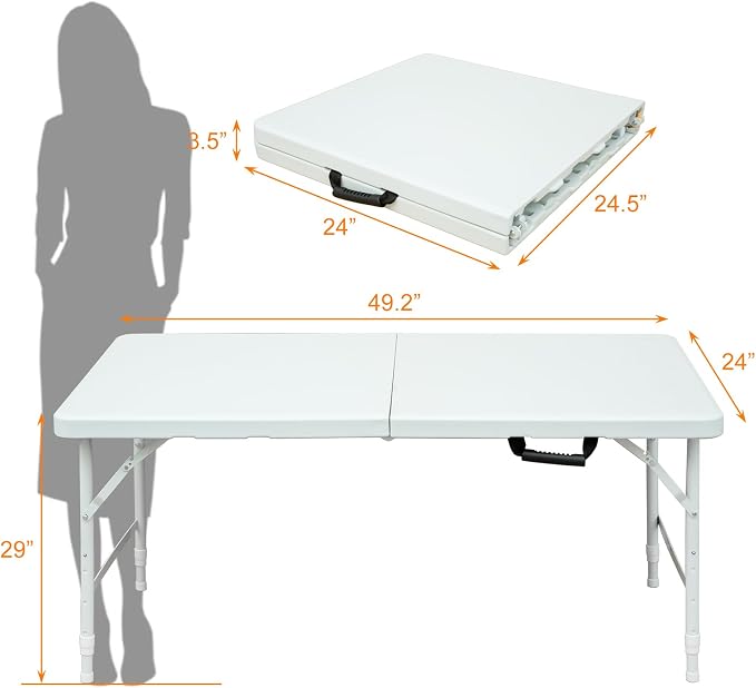 Anwick 4 Foot Folding Table Portable Fold-in-Half Plastic Picnic Table w/Handle and Steel Legs for Indoor, Outdoor, Camping, Party, Garden (White, 4ft)