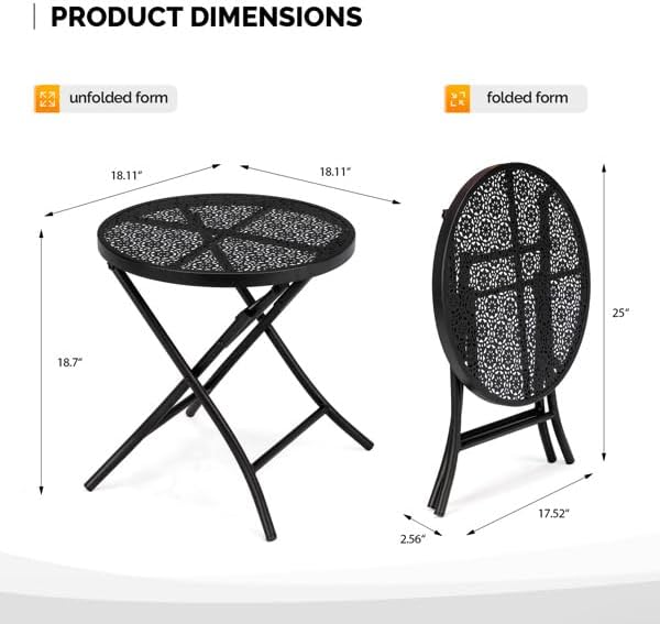 18 Inch Outdoor Round Folding Table, Black Metal Patio Side Table with Hollow Floral Design, Small Weather Resistant Steel Garden Bistro Table for Balcony, Porch, Yard