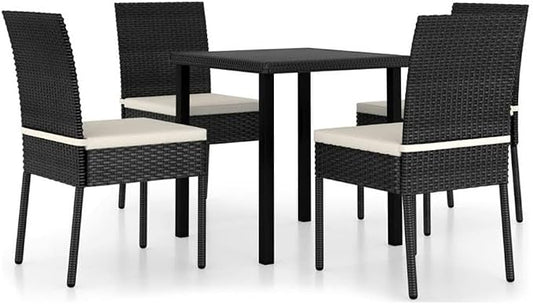 Afuera Living 5-Piece Outdoor Patio Dining Set, Black/Cream Poly Rattan, Powder-Coated Steel Frame, Glass Tabletop, Cushioned Chairs, Weather-Resistant, Modern Garden Furniture for Terrace or Balcony