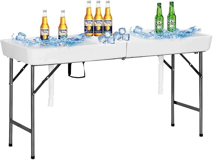 THABTAD 5ft Party Cooler Folding Table, Ice Table for Parties with Drain, Plastic Cooler Table for Drinks Beverages, Party Ice Bin, BBQ, Camping, Picnic, Wedding, White