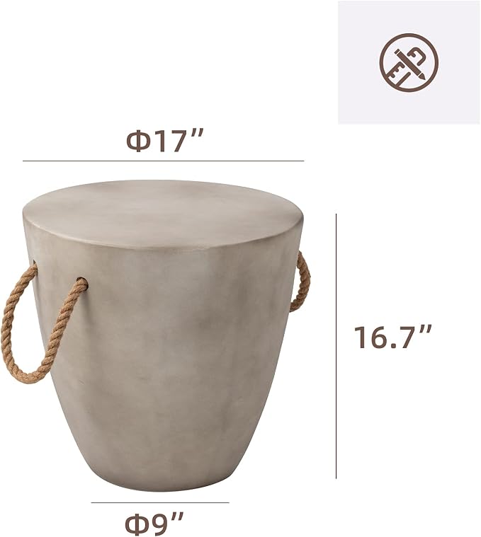 HOMPUS Outdoor Side Table Round, Concrete Accent Modern End Table w Rope Handle, Patio Drum Coffee Table, Garden Planter Stool Decor for Backyard, Indoor, Living Room, Light Gray