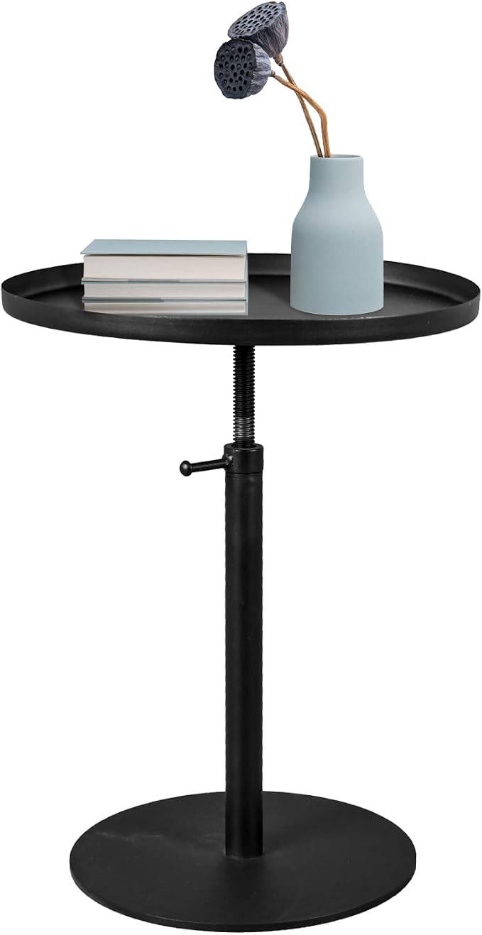 LOKKHAN Adjustable Tray Metal Sofa End Table/Side Table/Night Stand/Bedside Table/Snack Table/Accent Coffee Table, Patio Garden Backyard Table, Indoor-Outdoor, Heavy Duty Premium Steel, Round Top