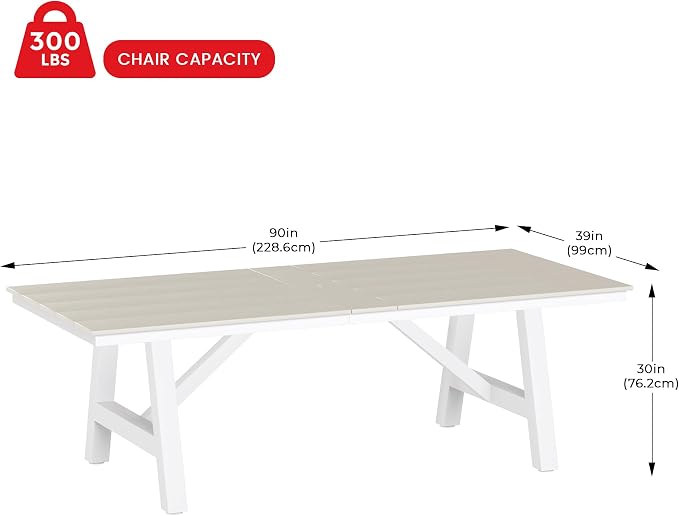 Costaelm Rectangle Patio Table, 8-Person Backyard Table 90" HDPE Dining Table with Umbrella Hole and Metal Frame for Outside, Garden, Poolside, Deck, Porch, Balcony, Sand