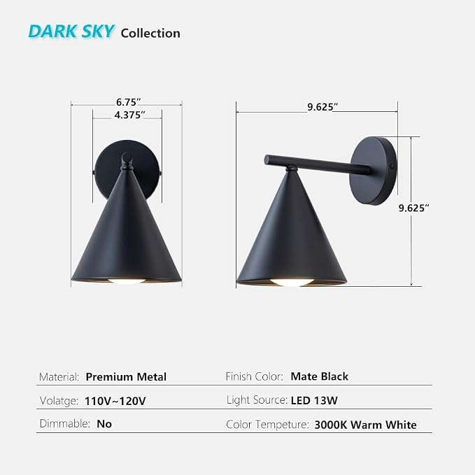 Outdoor Wall Sconces Set of 2, Dark Sky Modern LED Porch Wall Lights, 13W 3000K Exterior Lighting Fixtures Wall Mount for House, Farmhouse, Patio