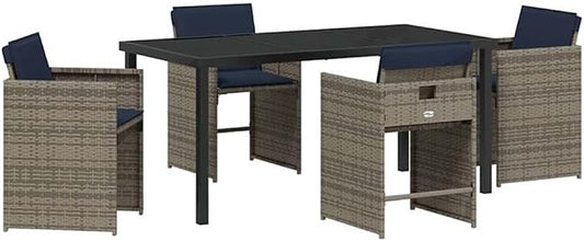 Afuera Living 5 Piece Poly Rattan Garden Dining Set, Gray Finish, Cushioned Seats, Tempered Glass Tabletop, Powder-Coated Steel Frame, UV-Resistant, Stylish Patio or Garden Seating