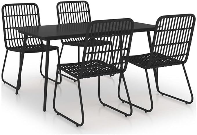 Afuera Living 5-Piece Outdoor Patio Dining Set, Black Poly Rattan, Large Stackable Design, Glass Tabletop, Powder-Coated Steel Frame, Comfortable High-Back Chairs, Weather-Resistant Garden or Deck