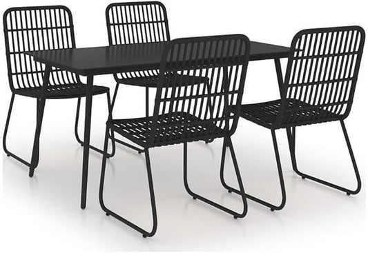 Afuera Living 5-Piece Outdoor Patio Dining Set, Black Poly Rattan, Large Stackable Design, Glass Tabletop, Powder-Coated Steel Frame, Comfortable High-Back Chairs, Weather-Resistant Garden or Deck