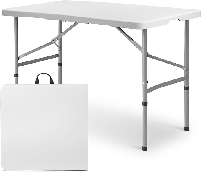 Magshion 4ft Plastic Folding Table, Indoor Outdoor Collapsible Portable Dining Table w/Handle, Ideal for Picnic Party Camping, White