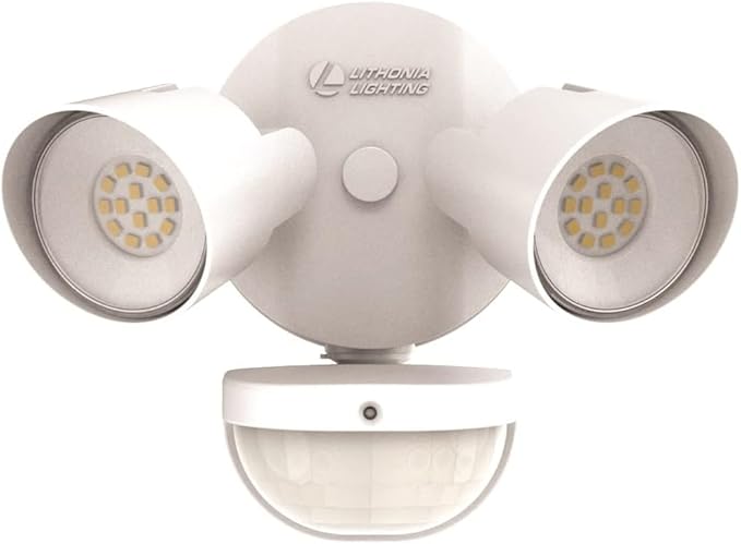Lithonia Lighting HomeGuard 2-Light LED Outdoor Flood Lights, Motion Sensor | White Motion Sensor Outdoor Lights with Dusk to Dawn, 4000K Cool White, Round Heads (HGX LED 2RH 40K 120 MO WH M2)