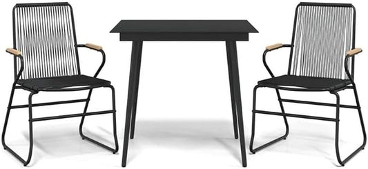 Afuera Living Contemporary Outdoor Dining Set, Black PVC and Powder-Coated Metal, Includes 31.5 in Square Table and 2 Chairs, Weather-Resistant, Industrial Style Garden or Patio Furniture for 2 People