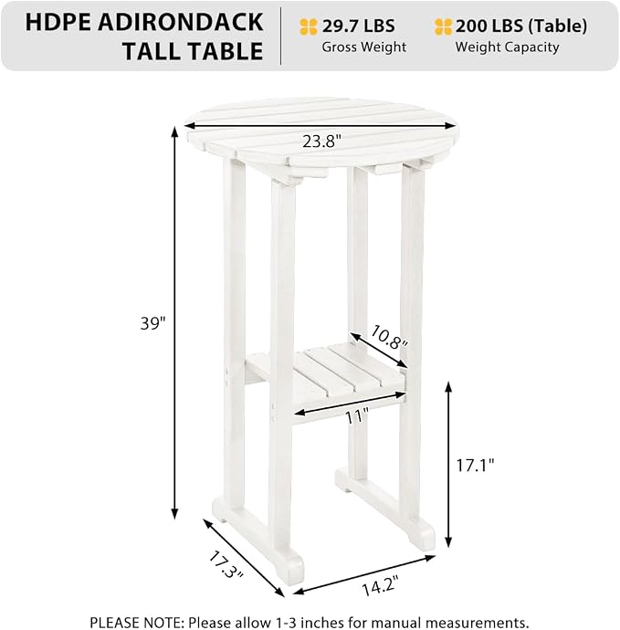 Sundale Outdoor 39 Inches Height Adirondack Bar Table, Patio HDPE Pub Height Round Counter Table, All Weather High Top Bistro Tabl for Outside Deck Porch Balcony Poolside (White)