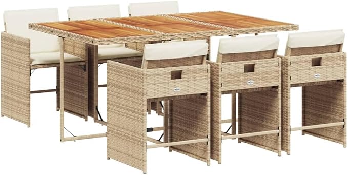 7-Piece Patio Dining Set with Cream Cushions Beige Poly Rattan Outdoor Furniture Set for Garden Backyard Balcony Porch