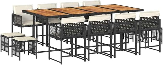 12-Seater Garden Dining Set Black PE Rattan Patio Furniture Set with Acacia Wood Tabletop Large Rectangular Outdoor Dining Table and Chairs for Backyard and Terrace