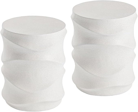 COSIEST Set of 2 Outdoor Side Table, 2 Pieces Concrete Side Table for Patio, Streamlined Lightweight Accent Table, Decorative Patio Garden Stools, Plant Stand Drum Table, Round, Spotted White