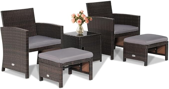 5PCS Patio Rattan Furniture Set Chair Ottoman Cushion Space Saving W/Cover Gray
