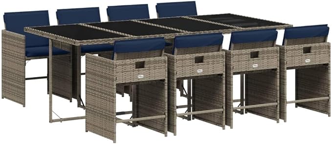 9 Piece Garden Dining Set with Cushions Grey Poly Rattan Outdoor Patio Furniture Table and 8 Chairs with Navy Blue Washable Seat Cushions Folding Backrest Tempered Glass for Al Fresco Dining