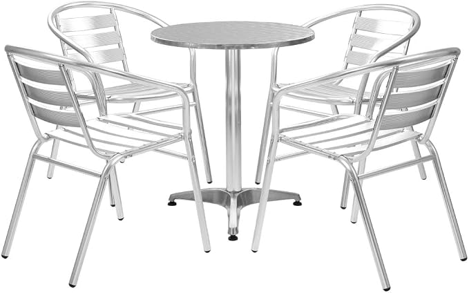 5 Piece Patio Dining Set Aluminum Silver Outdoor Furniture Table and Chairs for Garden Balcony Bistro Restaurant Commercial Use Stackable with Tempered Glass Top