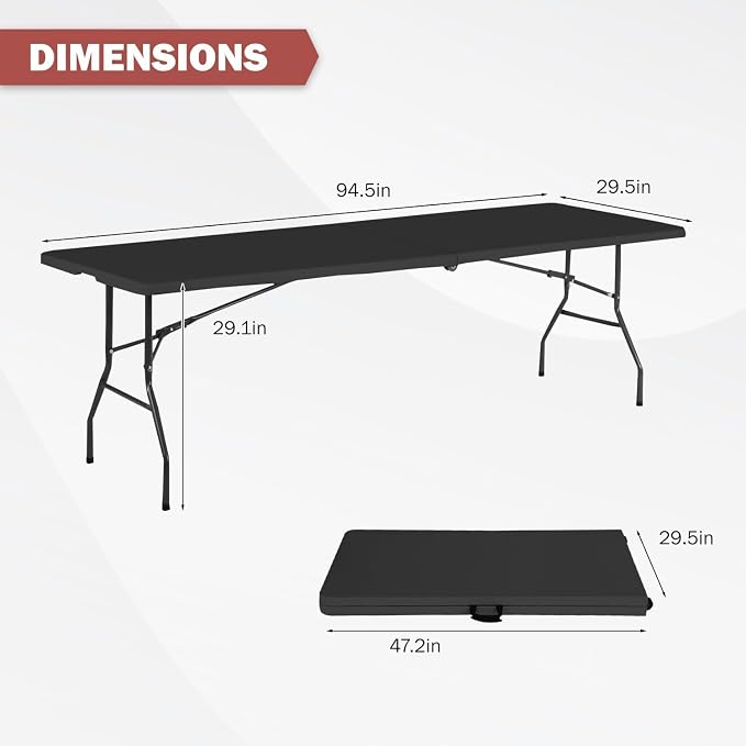 8FT Folding Table, Heavy Duty Foldable Dining Table, Portable Plastic Picnic Table with Handle, Indoor Outdoor Camping Table, Fold-in-Half Rectangular Banquet Party Table – Black