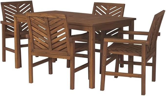 Walker Edison 4 Person Outdoor Wood Chevron Patio Furniture Dining Set Table Chairs All Weather Backyard Conversation Garden Poolside Balcony, 5 Piece, Dark Brown