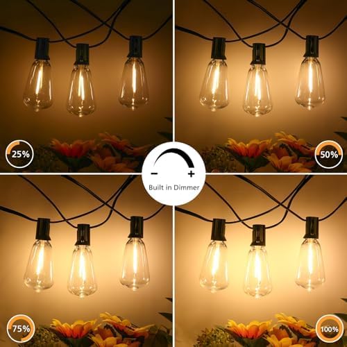 Brightever 3 Color in 1 LED Outdoor String Lights with Remote, 100FT Edison Hanging String Lights for Outside Dimmable, Outdoor Lighting for Patio Café Bistro with 52 ST38 LED Bulbs, 2700K/4000K/5000K