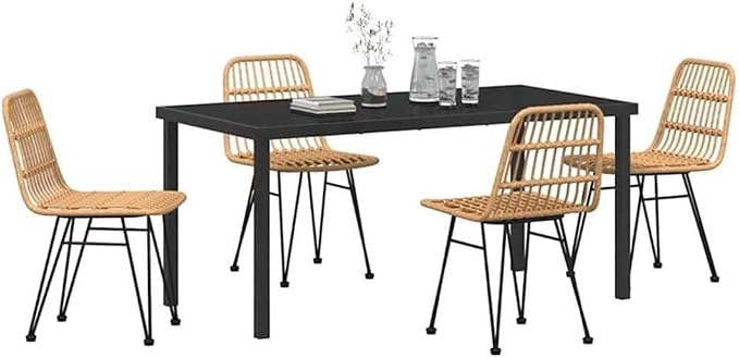 Afuera Living 5 Piece Poly Rattan Garden Dining Set, Weather-Resistant Materials, Powder-Coated Steel Frame, Brown Finish, Rectangular Table, Seating for 4, Modern Patio Furniture for Outdoor Dining