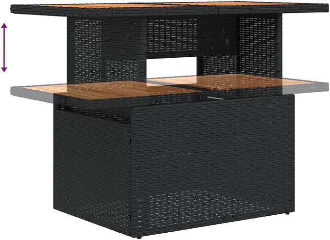 Garden Table Black PE Rattan, Powder-Coated Steel, Solid Acacia Wood, Height Adjustable Outdoor Dining, Patio Furniture, 21.7x39.4x28.7in