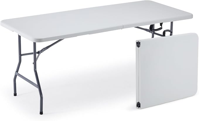 KAIHAOWIN Plastic Folding Table-6ft Fold in Half Picnic Table with Carrying Handle for Indoor Outdoor Camping Wedding Banquet Party-White