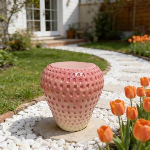 13.4" Oversized Resin Side Table, Strawberry Pink Fruit Stool Indoor Outdoor Plant Stand Statue Table, Waterproof Garden Decoration, Multi-Purpose Kids Seat Patio Furniture (Strawberry Pink)